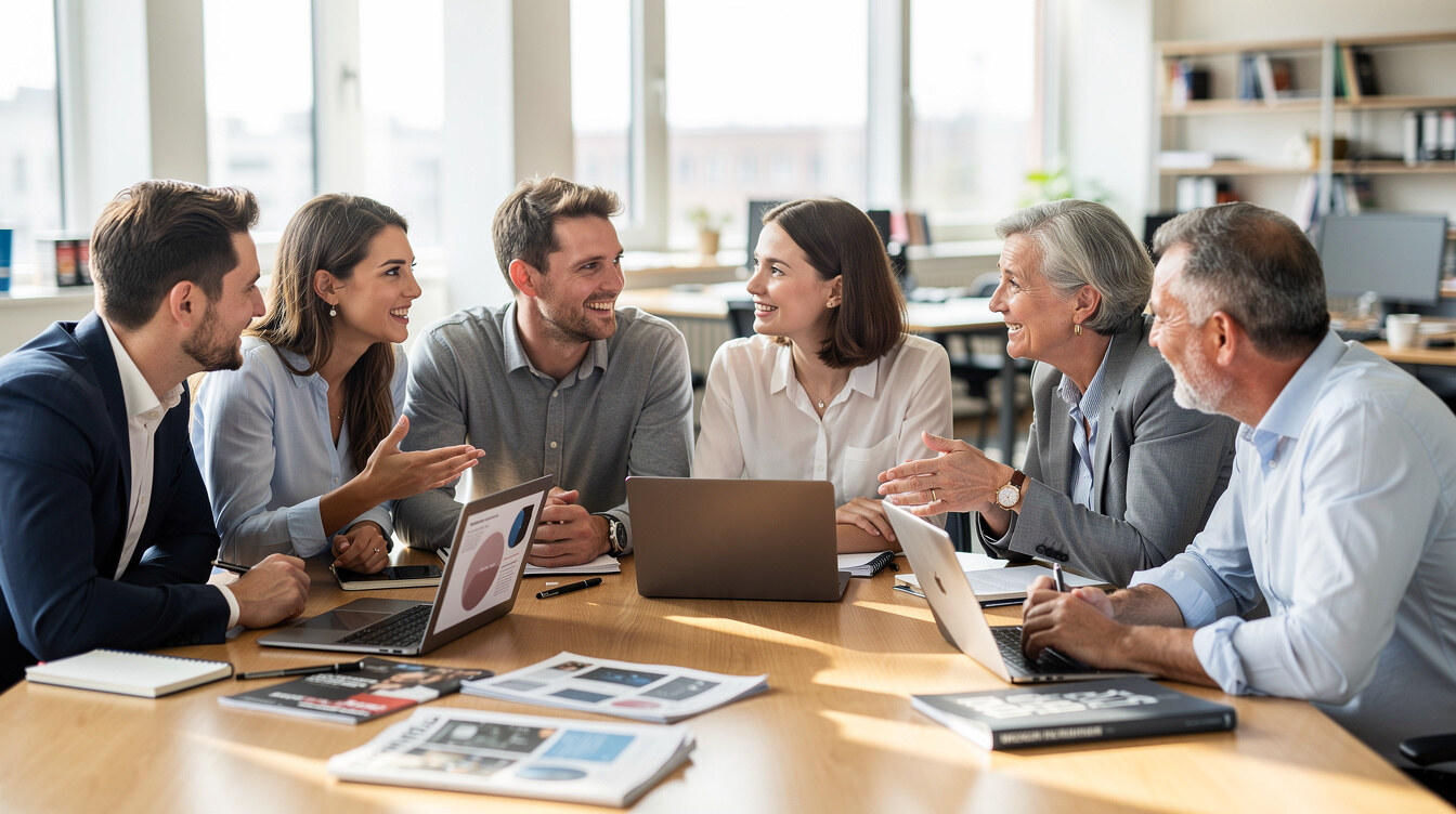 Diverse editorial team gathered around a table in a bright newsroom