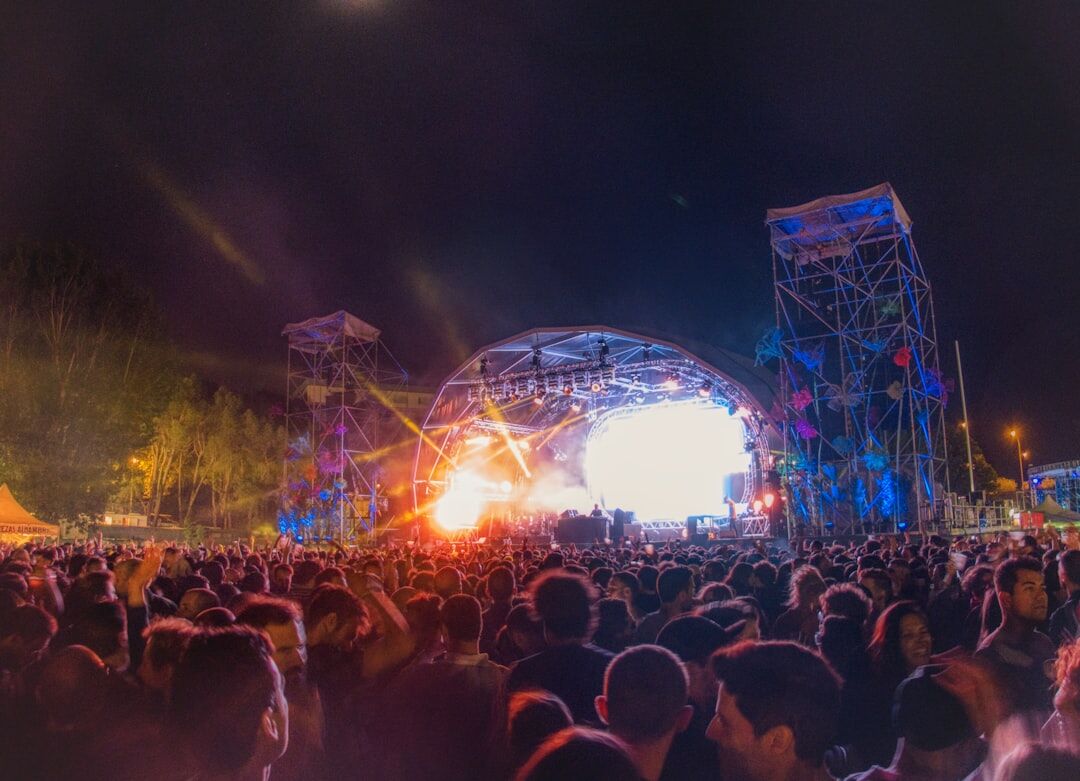 Crowd at an outdoor concert with colorful stage lights