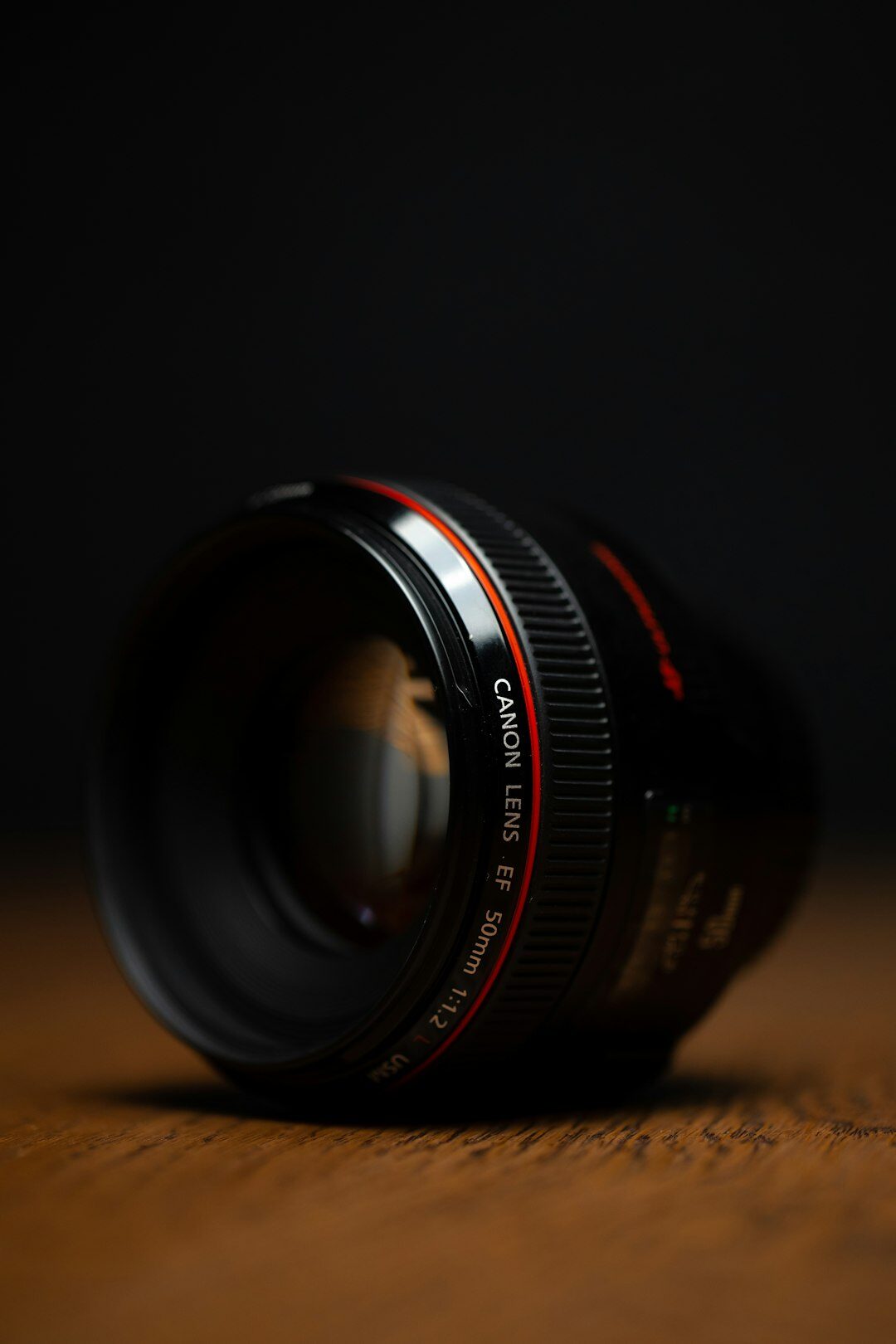Professional camera with telephoto lens resting on a table